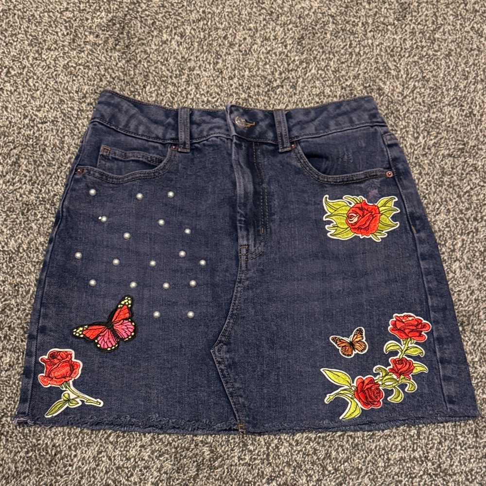 Wild Fable Dark Blue Denim Skirt with Floral and Butterfly Embroidery